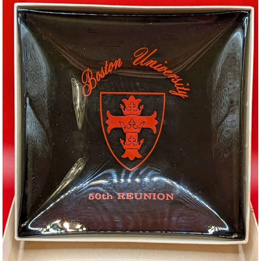 Boston University 50th Reunion Vintage Glass Tray Commemorative BU Crest Black